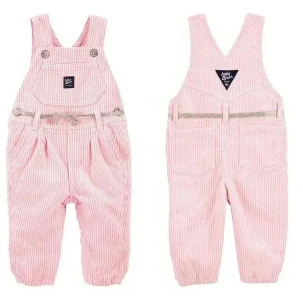 Baby B'gosh Pink and White stripe knit overalls size 24 m